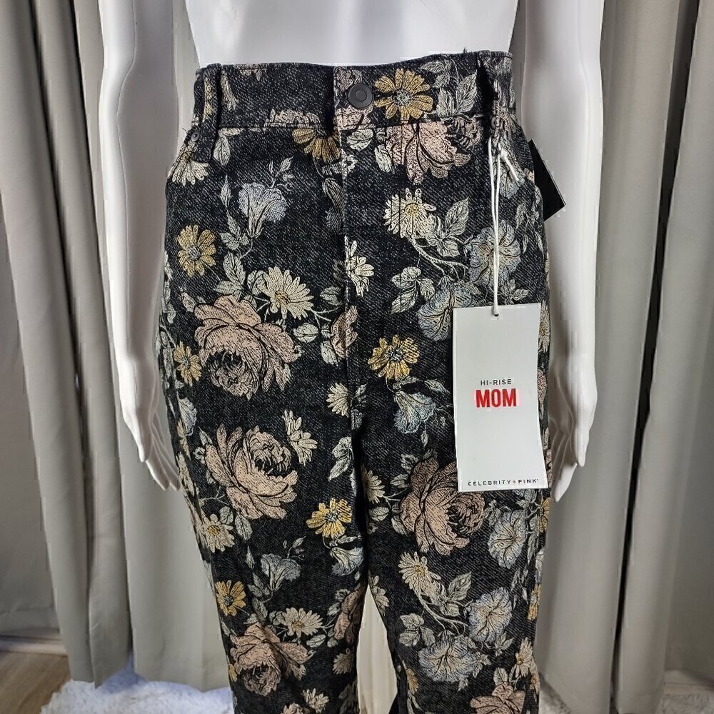 Celebrity Pink, Black, Pink, Floral High-Rise Mom Raw Hem Jean. Size 15X32 (NWT) - Picture 2 of 12